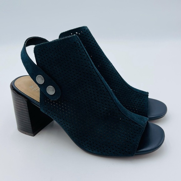 MARKET & SPRUCE BLUE SUEDE ANKLE STRAP OPEN TOE EYELET BOOTIES - Picture 2 of 8